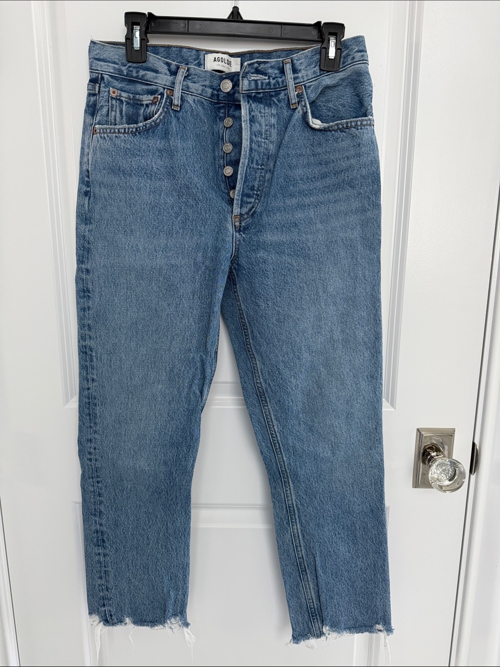 Agolde Medium Blue High-Rise Button-Fly Cropped Jeans